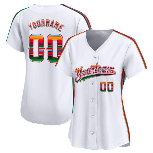 White Green - Red Mexico Serape Pattern Personalized Baseball Jersey - Image 2