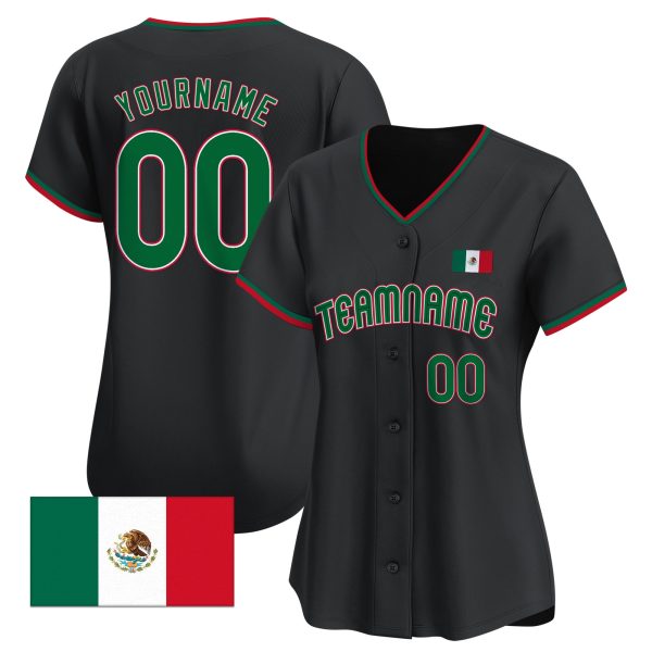 Black Green - Red Mexican Flag Sleeve Stripes Personalized Baseball Jersey - Image 2