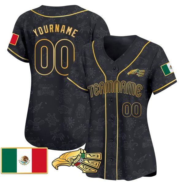 Black Gold - Black Mexico Gold Aztec Pattern Personalized Baseball Jersey - Image 2