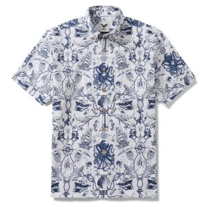 Hawaiian Shirt for Men - Marine Exploration Map Print Button-Down Short Sleeve Aloha Shirt for Casual Beach, Travel and Vacation Wear