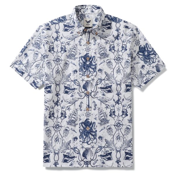 Hawaiian Shirt for Men - Marine Exploration Map Print Button-Down Short Sleeve Aloha Shirt for Casual Beach, Travel and Vacation Wear