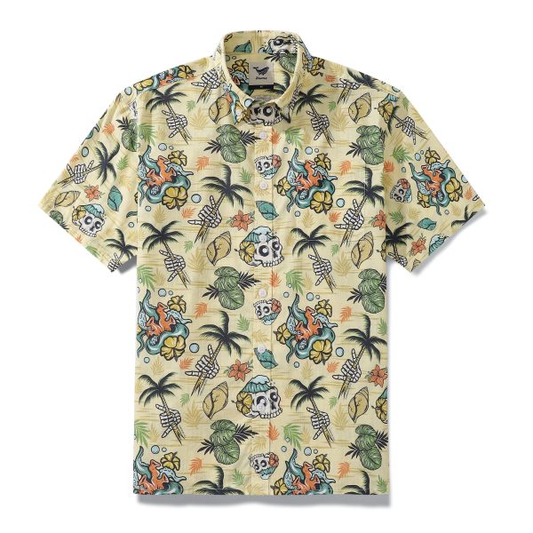 Hawaiian Shirt for Men - 1990s Vintage Tropical Skull Print Button-Down Short Sleeve Aloha Shirt for Casual Beach, Travel and Vacation Wear - Image 2