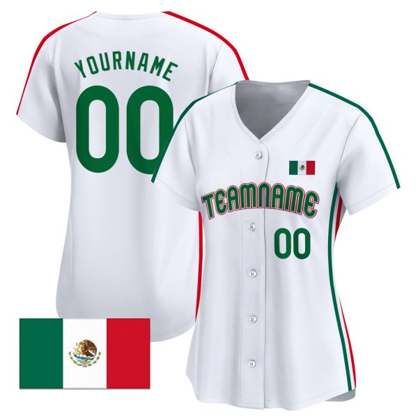 White Green - Red Mexican Flag Stripes Personalized Baseball Jersey - Image 2