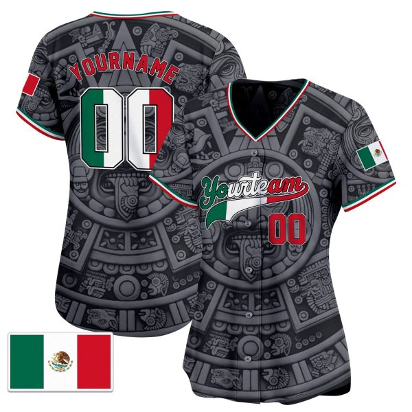 3D Black Red White Aztec Mexico Pattern Personalized Baseball Jersey - Image 2