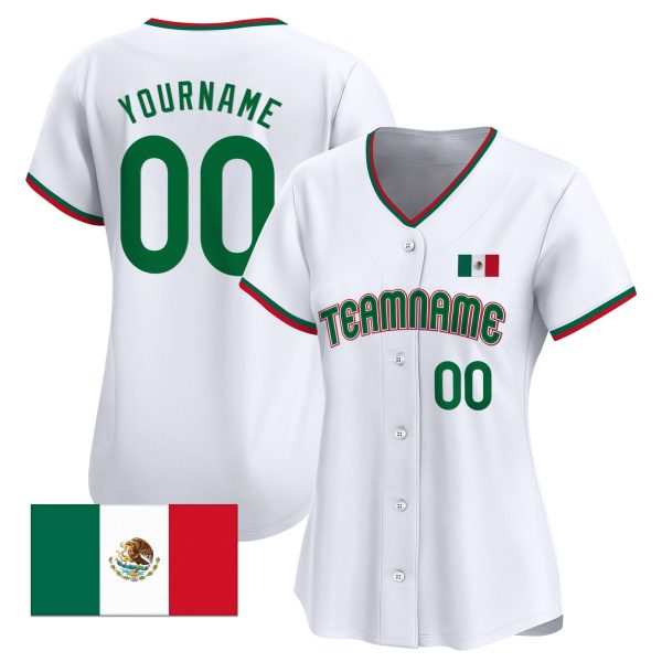 White Green - Red Mexican Flag Sleeve Stripes Personalized Baseball Jersey - Image 2