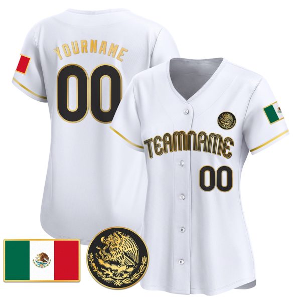 White Mexico Gold - Black Eagle Patch Personalized Baseball Jersey - Image 2