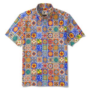 Hawaiian Shirt for Men - Short Sleeve Button-Down Aloha Shirt with Mediterranean Tile Design