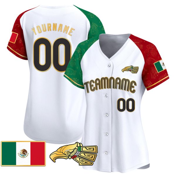 White Alternate Gold - Black Mexico Gold Aztec Pattern Personalized Baseball Jersey - Image 2