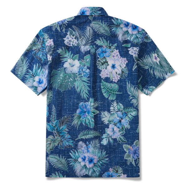 Hawaiian Shirt for Men - Green Short Sleeve Button-Down Aloha Shirt with Tranquil Blue Blossoms - Image 3