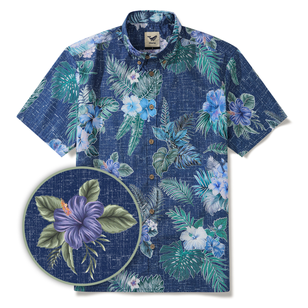 Hawaiian Shirt for Men - Green Short Sleeve Button-Down Aloha Shirt with Tranquil Blue Blossoms - Image 2