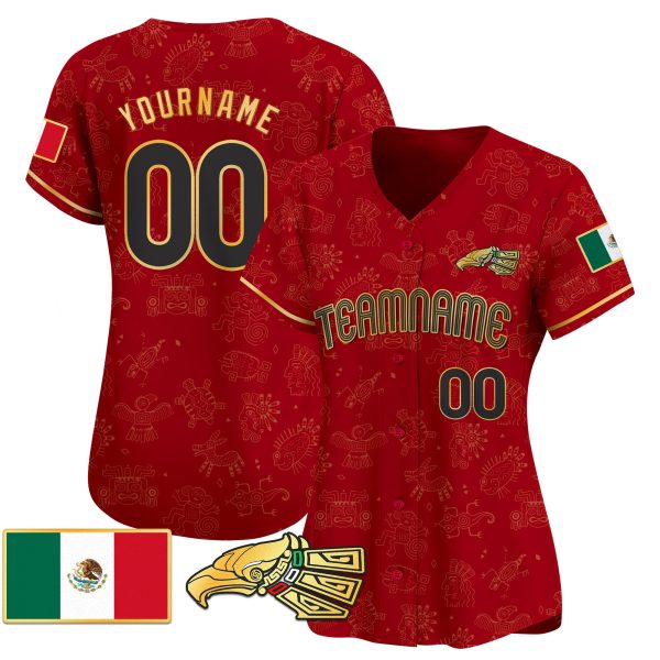 Red Gold - Black Mexico Gold Aztec Pattern Personalized Baseball Jersey - Image 2