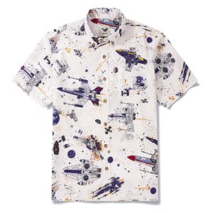 Hawaiian Shirt for Men - White Star Wars Galactic Voyage Print Button-Down Short Sleeve Aloha Shirt for Casual Beach, Travel and Vacation Wear