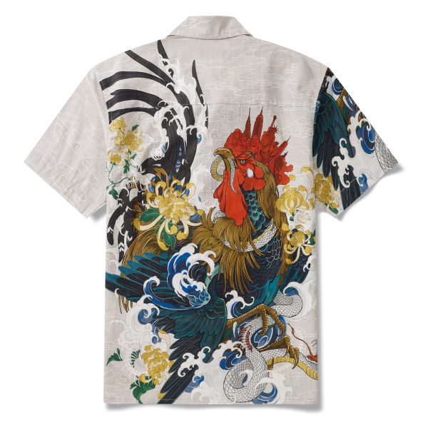 Hawaiian Shirt for Men - Short Sleeve Camp Collar Aloha Shirt with Rooster and Surf Print in Beige - Image 2