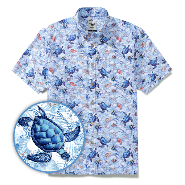 Hawaiian Shirt for Men - Blue Turtle Button-Down Short Sleeve Aloha Shirt - Image 2