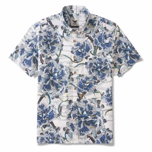 Hawaiian Shirt for Men - Ocean Waves on Branches White Button-Down Short Sleeve Aloha Shirt for Casual Beach, Travel and Vacation Wear