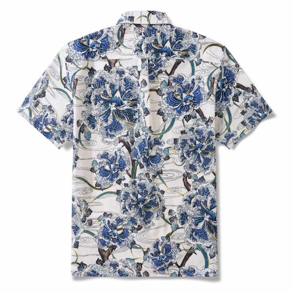 Hawaiian Shirt for Men - Ocean Waves on Branches White Button-Down Short Sleeve Aloha Shirt for Casual Beach, Travel and Vacation Wear - Image 2
