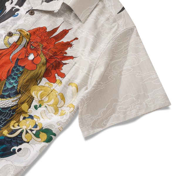 Hawaiian Shirt for Men - Short Sleeve Camp Collar Aloha Shirt with Rooster and Surf Print in Beige - Image 3