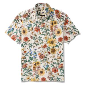 Hawaiian Shirt for Men with Aloha Floral Reverie Print - Beige Short Sleeve Button-Down Shirt for Casual Beach and Travel Wear