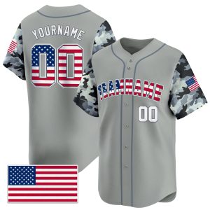 Light Grey White Camo Personalized Baseball Jersey - USA Flag Patch
