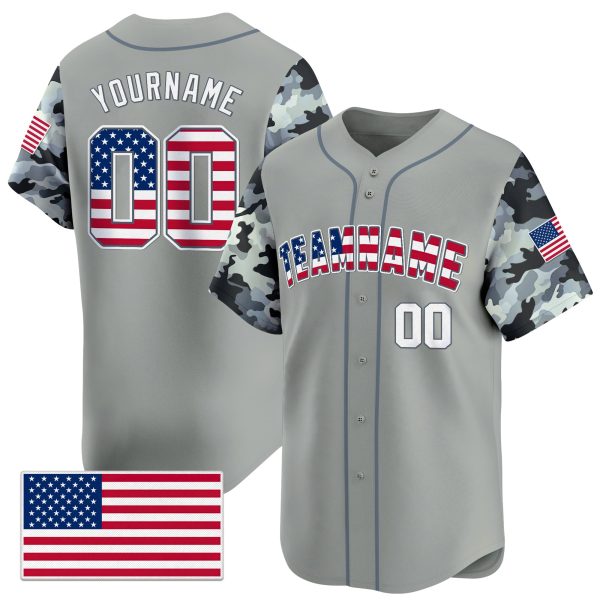 Light Grey White Camo Personalized Baseball Jersey - USA Flag Patch