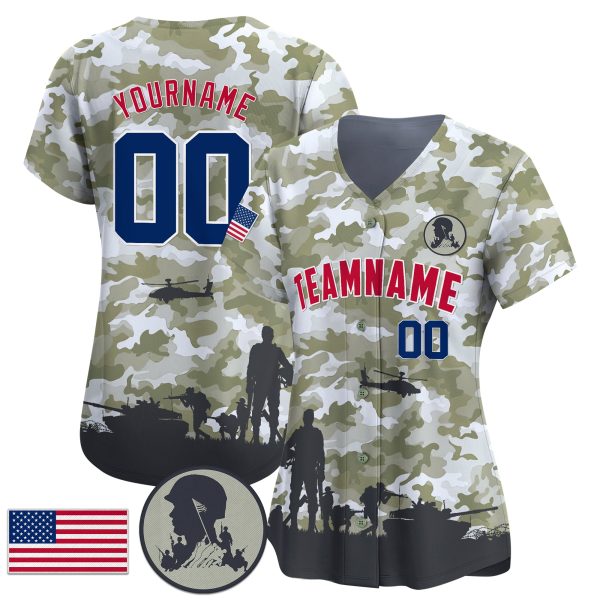 White Olive Green Red - Royal Camo American Flag Personalized Baseball Jersey - Image 2