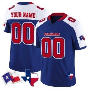 Royal Alternate White Red Texas Flag Personalized Football Jersey