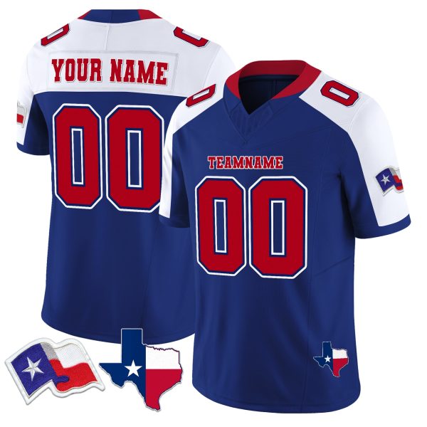 Royal Alternate White Red Texas Flag Personalized Football Jersey