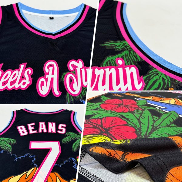 Black White Pink-Light Blue 3D Pattern Tropical Beach Hawaii Palm Trees Authentic Personalized Basketball Jersey - Image 2