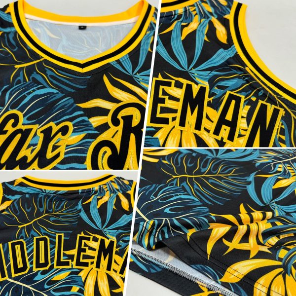 Black Black-Gold 3D Pattern Tropical Hawaii Plants Authentic Personalized Basketball Jersey - Image 2