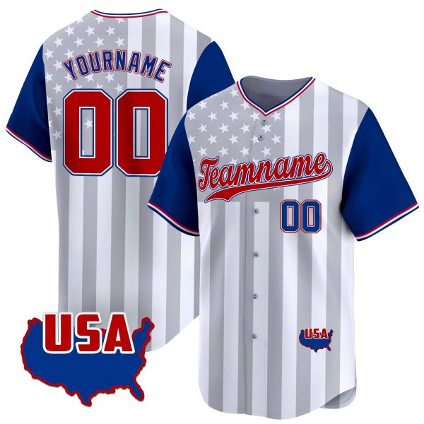Royal White Red - Royal Star & Stripes Pattern Color Sleeves Personalized Baseball Jersey