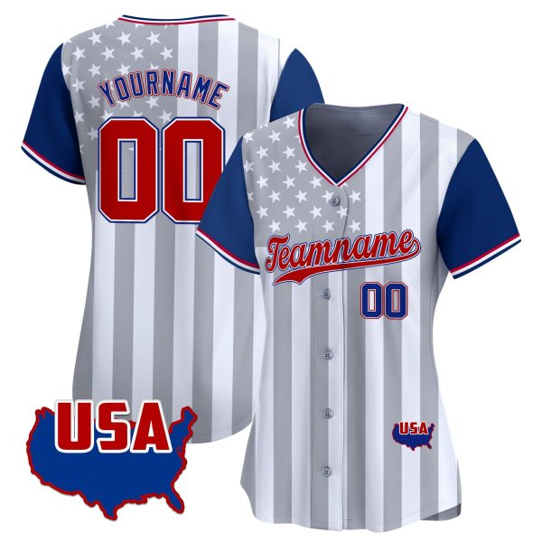 Royal White Red - Royal Star & Stripes Pattern Color Sleeves Personalized Baseball Jersey - Image 2