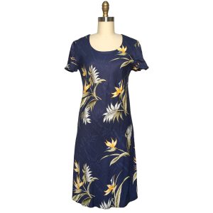 Hawaiian Bamboo Paradise Navy A-Line Dress with Cap Sleeves