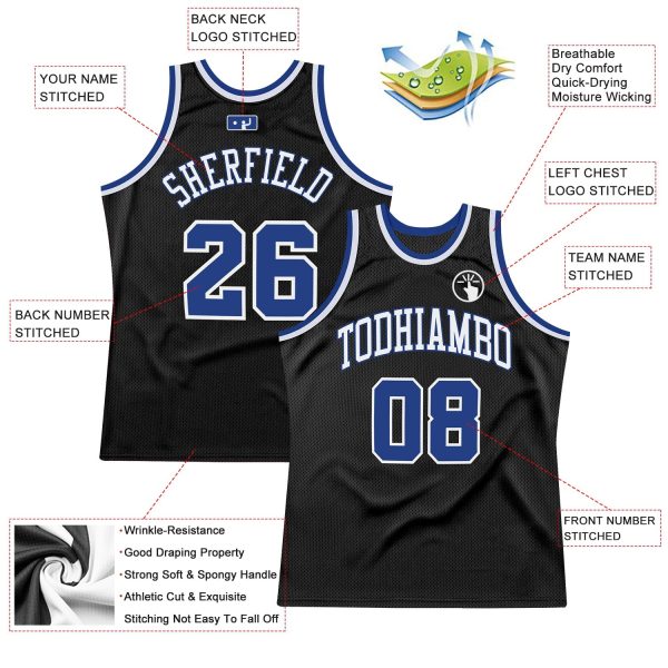Black Royal-White Authentic Throwback Personalized Basketball Jersey - Image 2