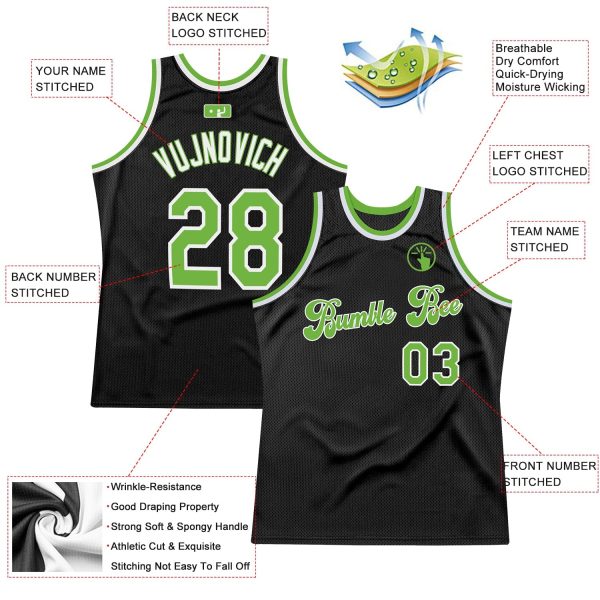 Black Neon Green-White Authentic Throwback Personalized Basketball Jersey - Image 2