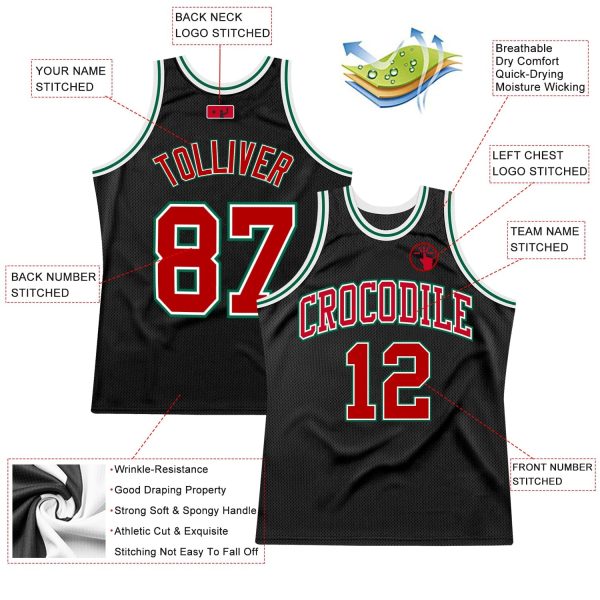 Black Red Kelly Green Custom Authentic Throwback Basketball Jersey - Image 2