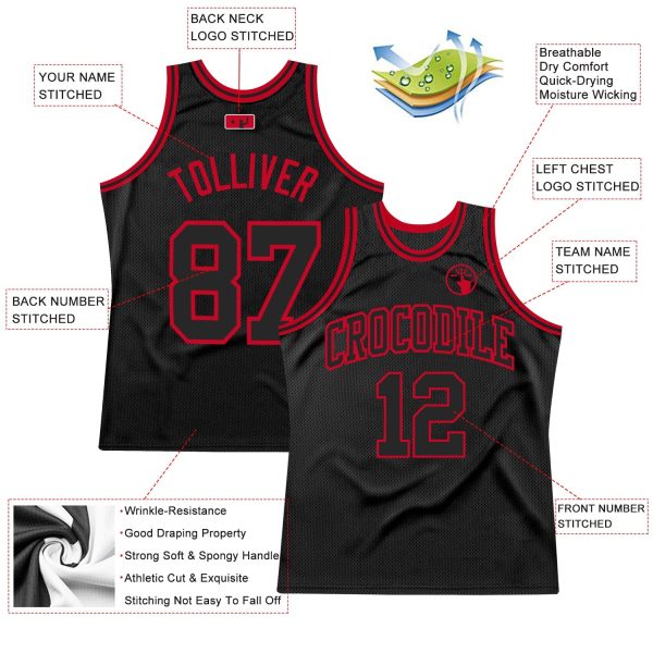 Black Black-Red Authentic Throwback Personalized Basketball Jersey - Image 2