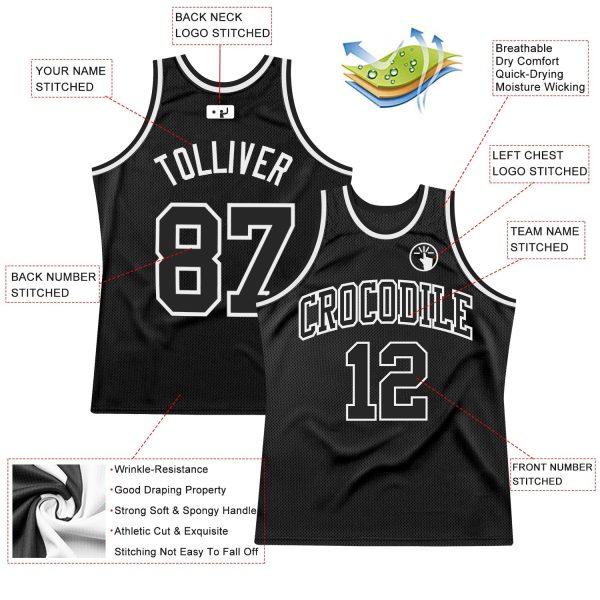 Black Black-White Authentic Throwback Personalized Basketball Jersey - Image 2