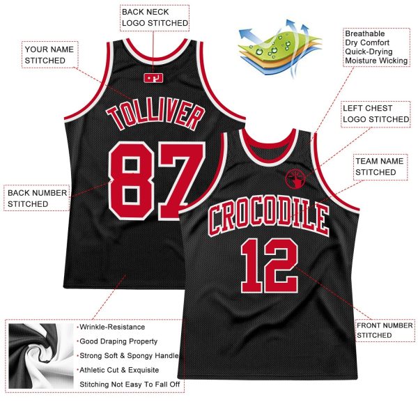 Black Red-White Authentic Throwback Personalized Basketball Jersey - Image 2