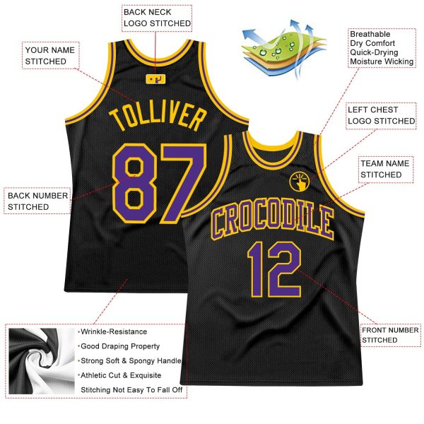 Black Purple-Gold Authentic Throwback Personalized Basketball Jersey - Image 2