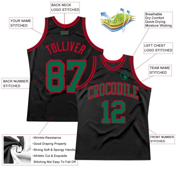 Black Kelly Green Red Authentic Throwback Personalized Basketball Jersey - Image 2