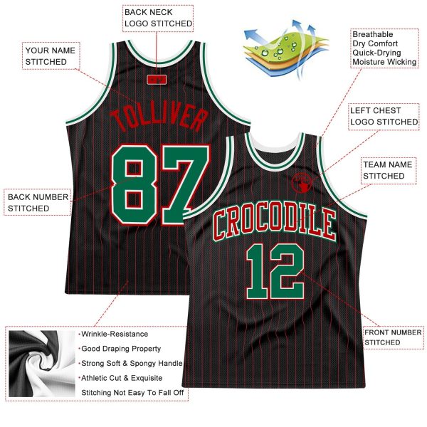 Black Red Pinstripe Kelly Green - Red Authentic Personalized Basketball Jersey - Image 2