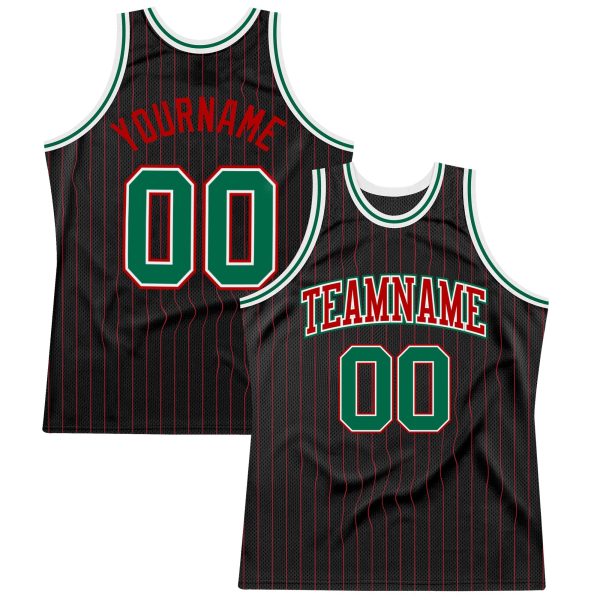 Black Red Pinstripe Kelly Green - Red Authentic Personalized Basketball Jersey