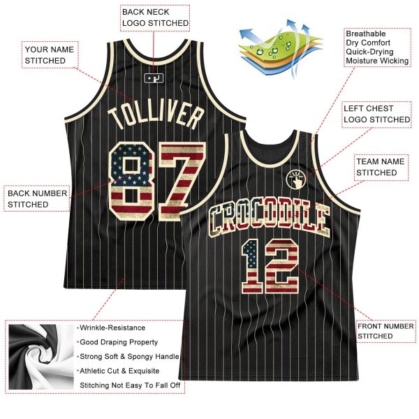 Black Cream Pinstripe Vintage USA Flag-Cream Authentic Personalized Basketball Jersey - Image 2