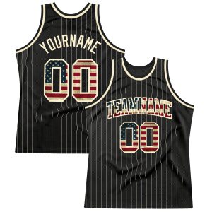 Black Cream Pinstripe Vintage USA Flag-Cream Authentic Personalized Basketball Jersey