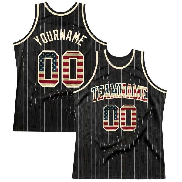 Black Cream Pinstripe Vintage USA Flag-Cream Authentic Personalized Basketball Jersey