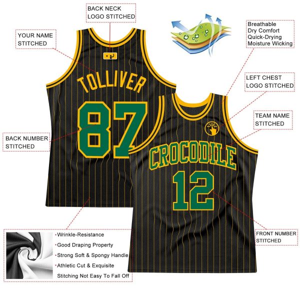 Black Gold Pinstripe Kelly Green-Gold Authentic Personalized Basketball Jersey - Image 2