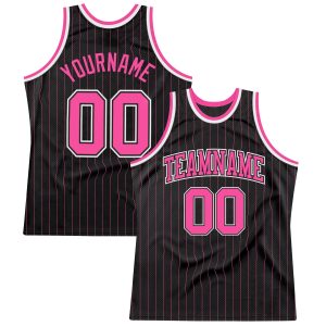 Black Pink Pinstripe Pink-Black Authentic Personalized Basketball Jersey