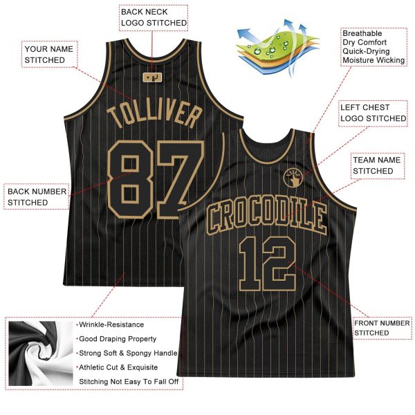 Black Old Gold Pinstripe Black-Old Gold Authentic Personalized Basketball Jersey - Image 2