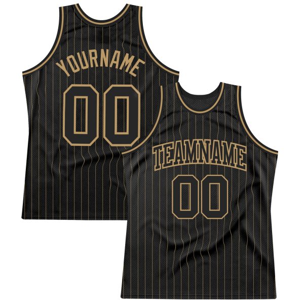 Black Old Gold Pinstripe Black-Old Gold Authentic Personalized Basketball Jersey