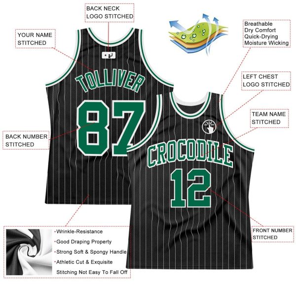 Black White Pinstripe Kelly Green-White Authentic Personalized Basketball Jersey - Image 2